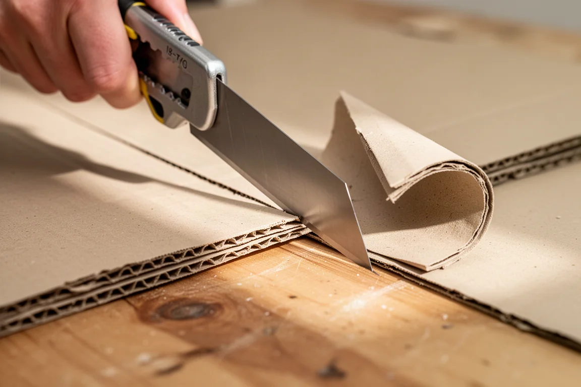 Utility knife slicing through corrugated cardboard on a workbench