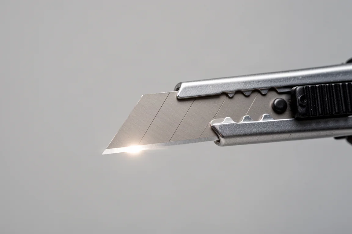 Close-up of three blade extension positions on a retractable utility knife