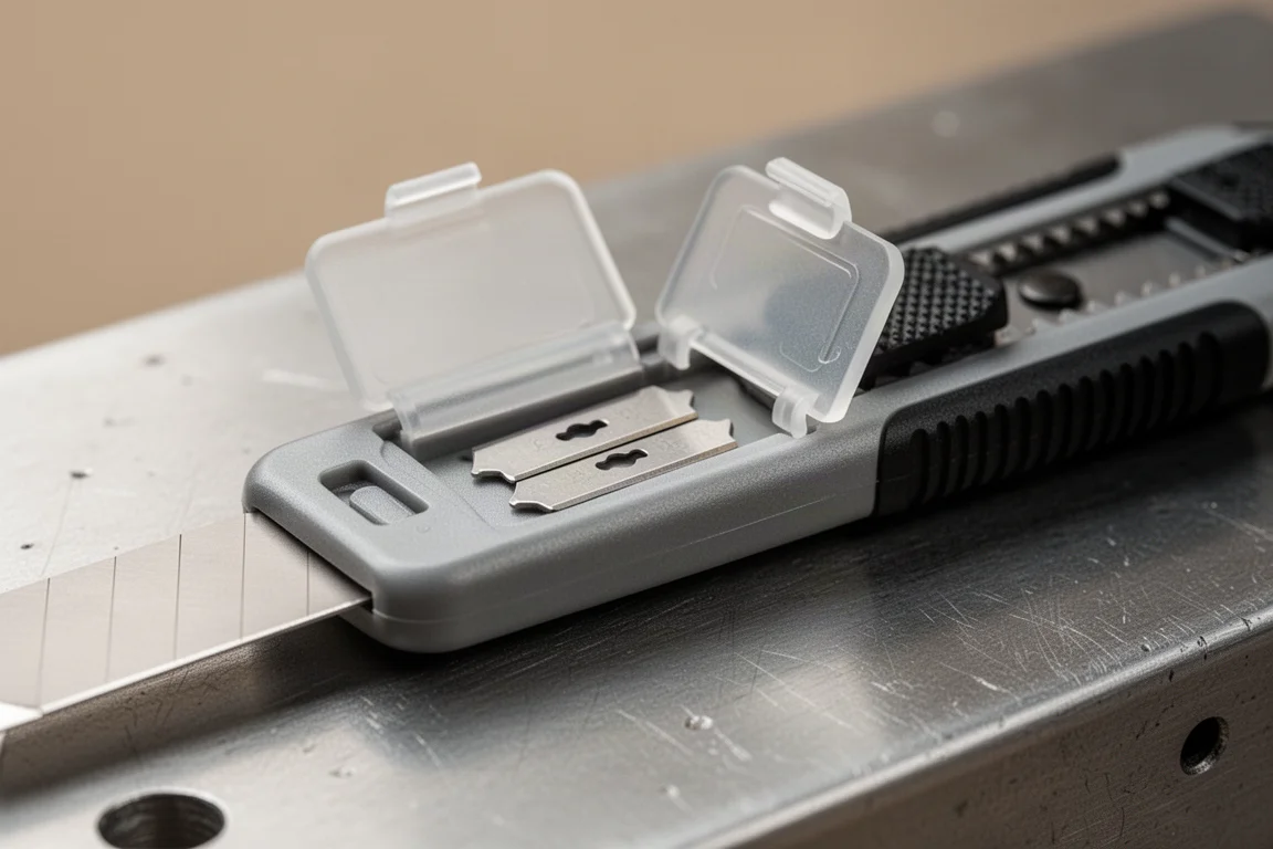 Rear blade storage compartment of a utility knife with spare blades