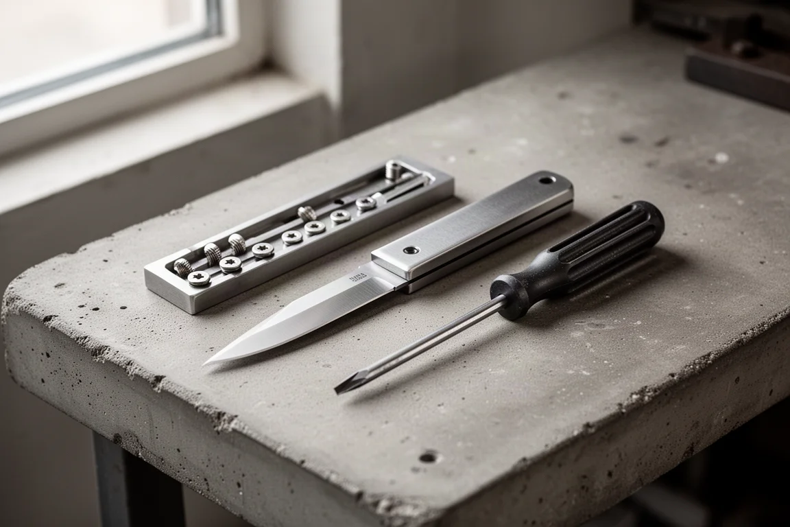 Classic fixed-blade utility knife beside a slotted screwdriver on a workbench