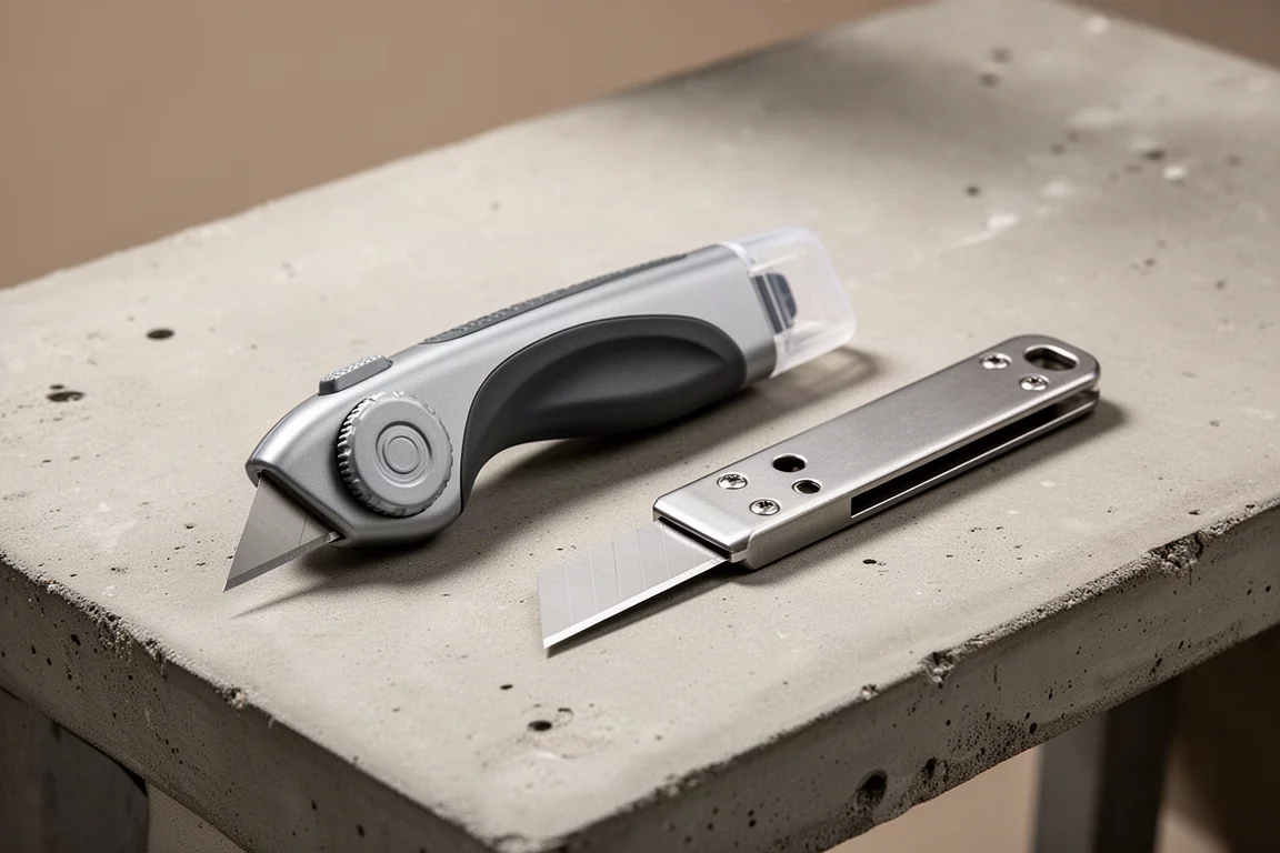 Husky auto-retracting utility knife and classic Stanley No. 99 utility knife side by side on a workbench