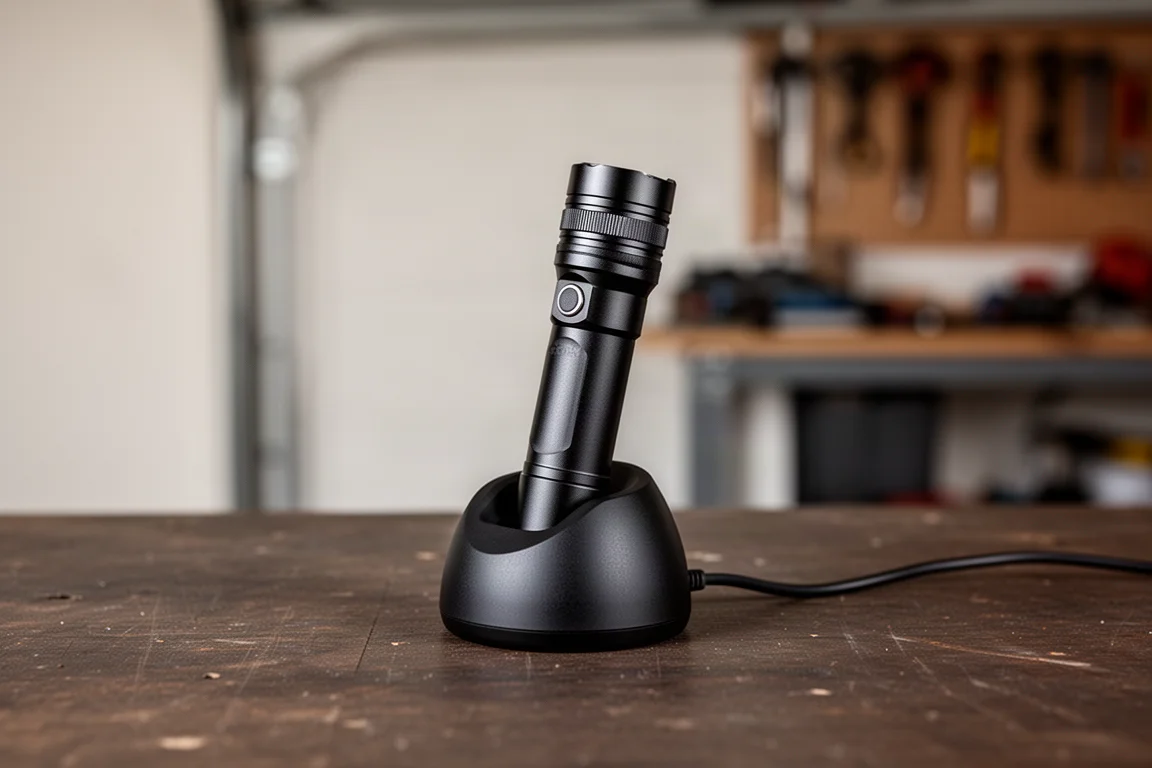 Lampe compacte posée dans son socle de chargement magnétique sur un établi
