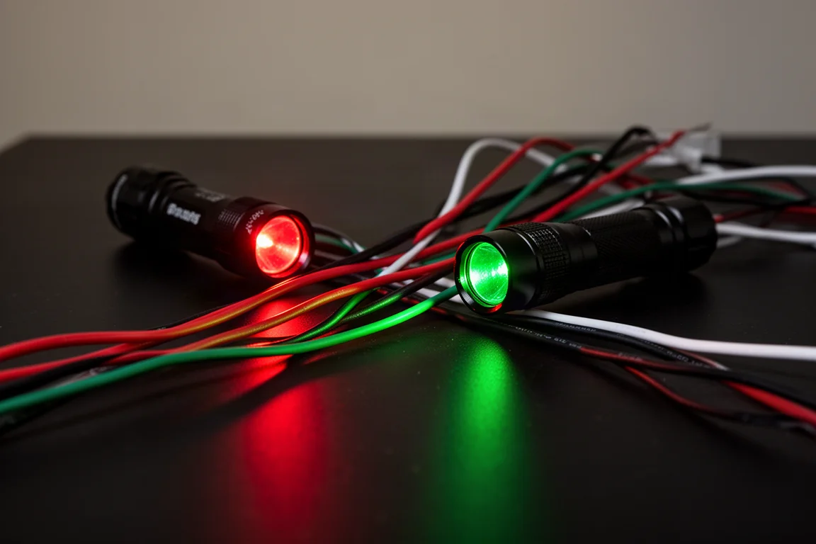 Faisceaux lumineux rouge et vert projetés sur des fils de couleurs posés sur une table