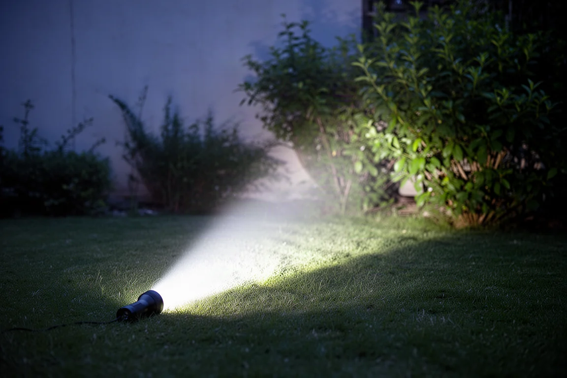 Faisceau de la lampe éclairant une pelouse et des feuillages au crépuscule