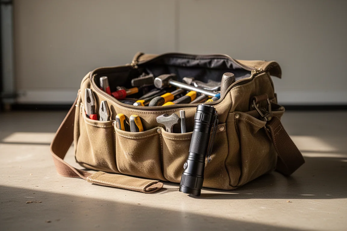 Sac à outils ouvert avec une lampe rangée à l'intérieur, prête à être attrapée