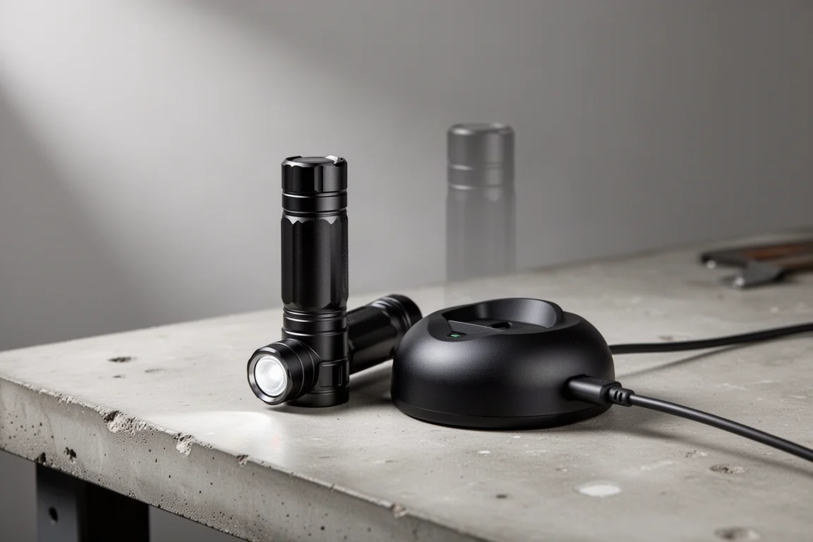 Husky compact flashlight and its magnetic charging cradle on a workbench