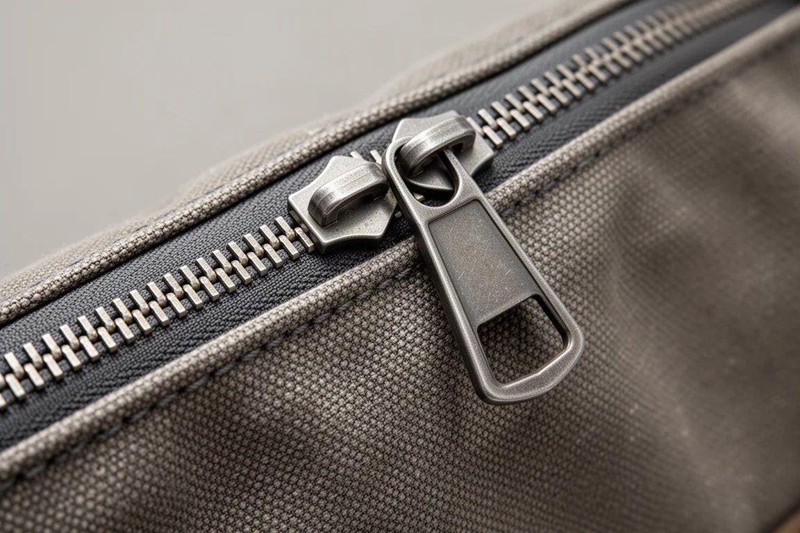Close-up van een zware rits op een stoffen gereedschaptas