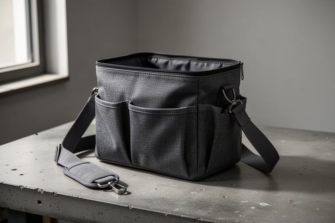 Dark grey fabric tool bag with side pockets on a concrete workshop surface