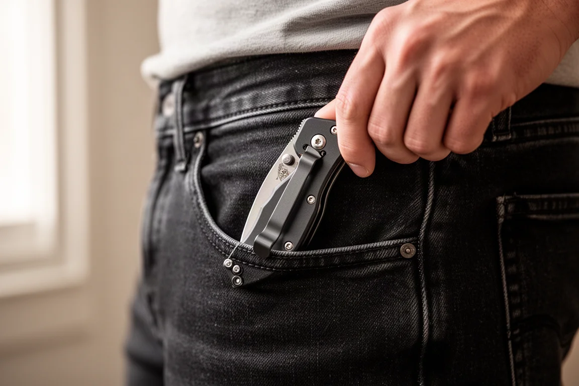Coltello pieghevole che scorre in una tasca di jeans mostrando la posizione della molletta deep carry
