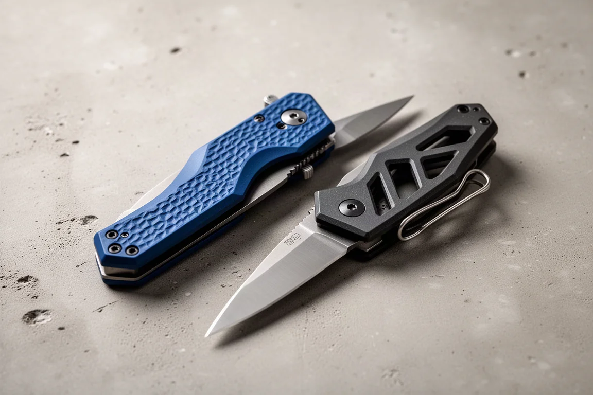 Husky and Kobalt folding knives side by side on a concrete surface