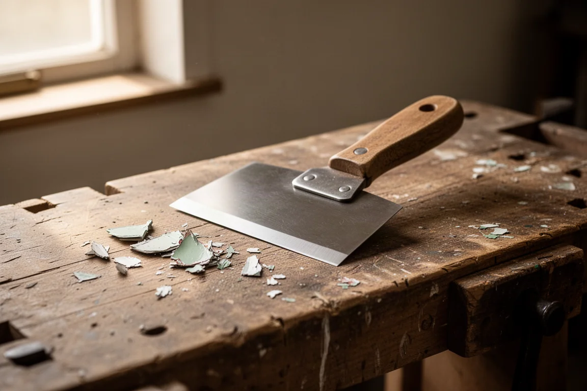 Steel scraper with flat blade on a workshop bench beside paint flakes