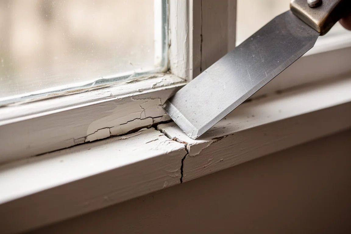 Close-up of a scraper blade prying open a painted-shut window sash