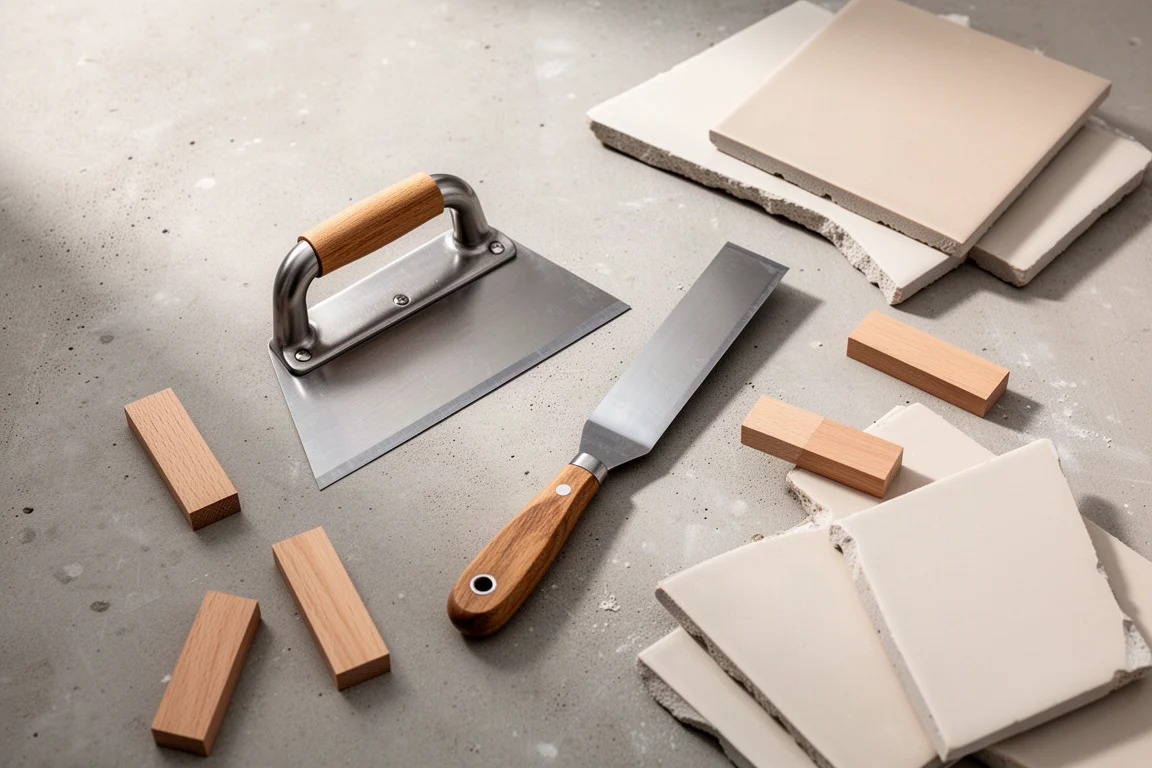 Scraper and putty knife laid out with tiles and wood spacers on concrete