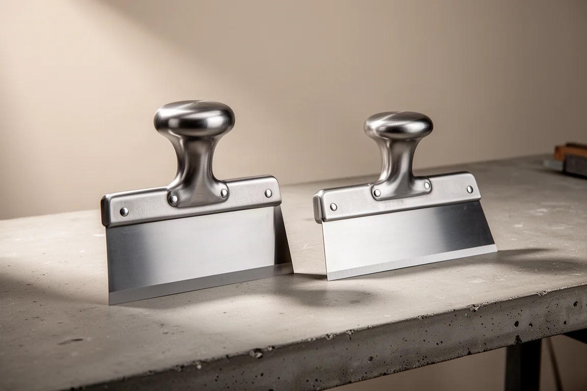 Two steel striking-cap scrapers side by side on a concrete workbench