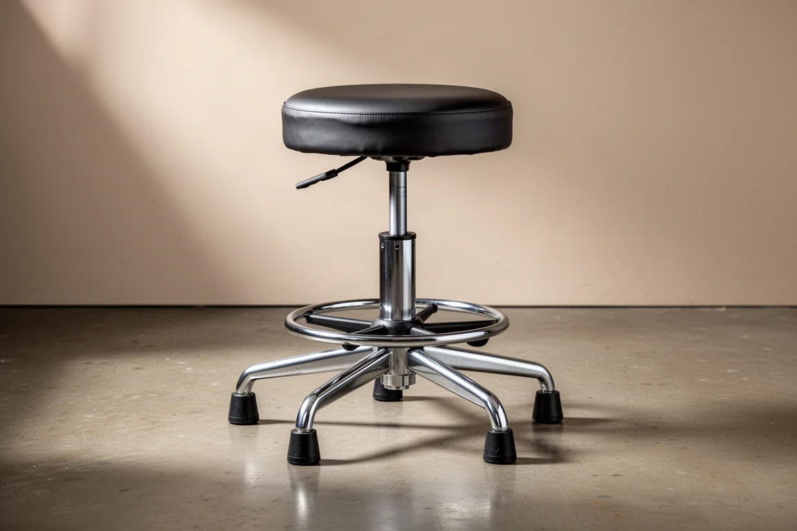 Husky Workshop Stool with padded seat and five-legged steel base on garage floor