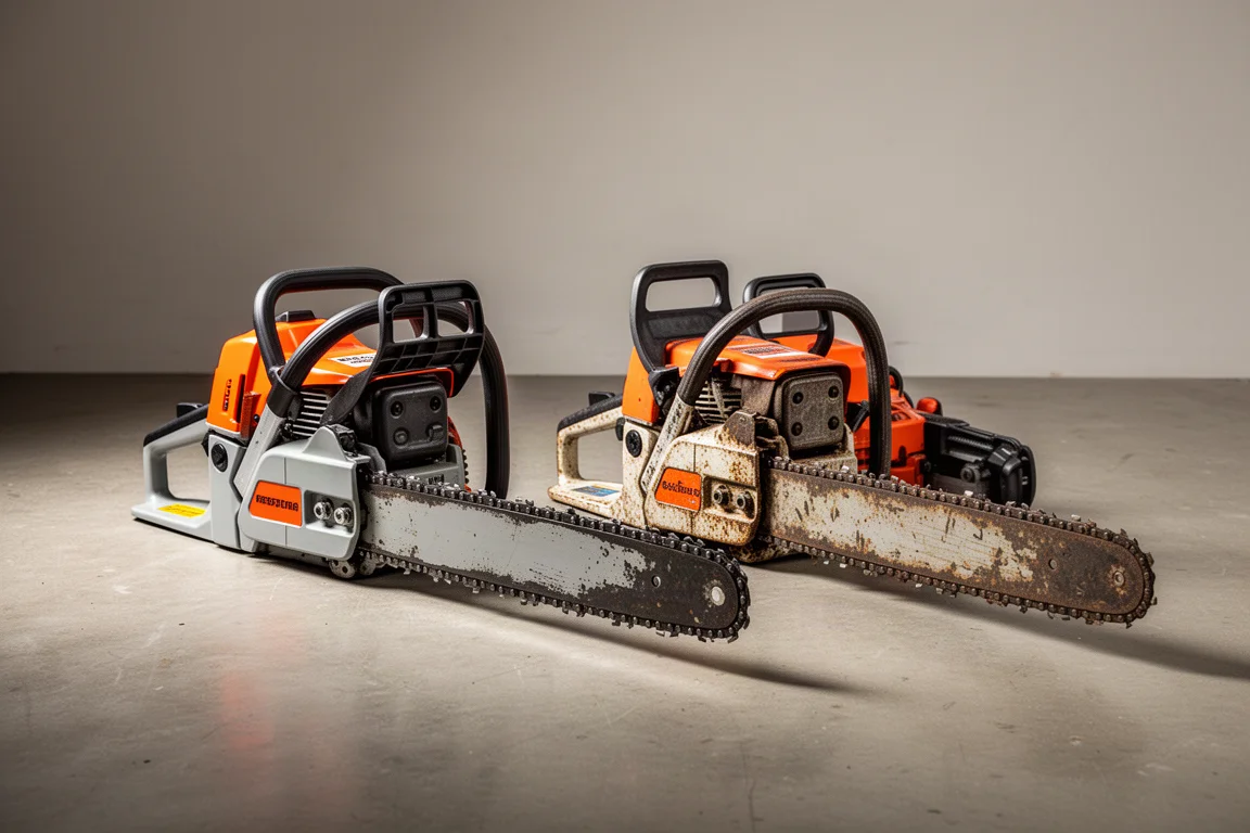 Two professional chainsaws side by side on a concrete workshop floor