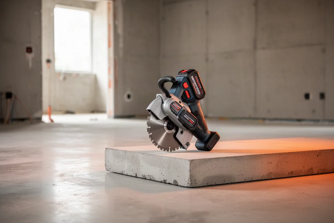 Scie à découper sur batterie posée sur une dalle de béton sur un chantier