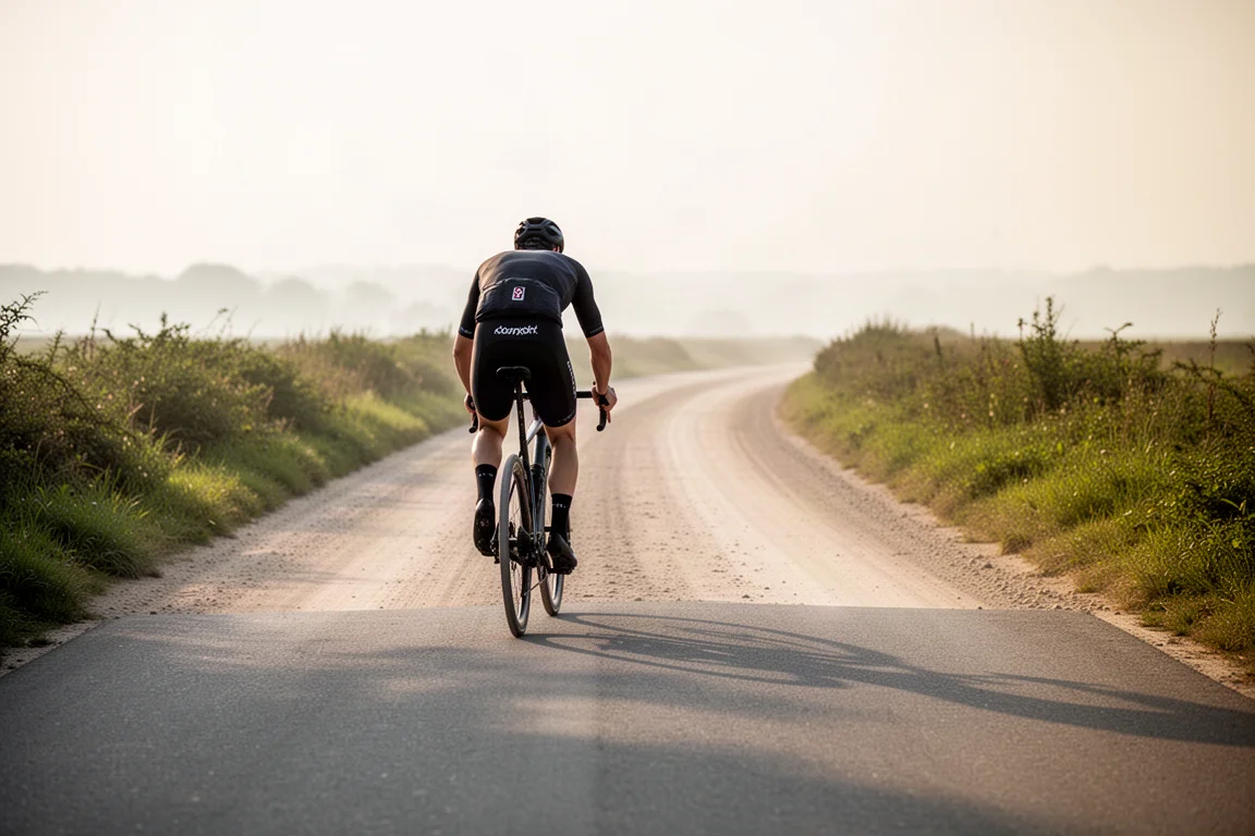 Gravel cyclist riding from smooth tarmac onto a hardpack dirt road