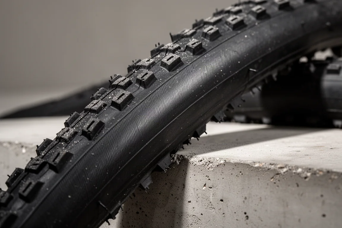 Close-up of a gravel tire tread with a slick centre and small shoulder knobs