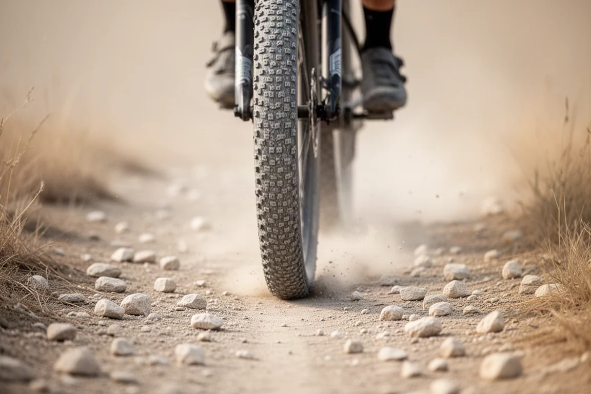 Gravel tire rolling over a dry, dusty trail scattered with small stones