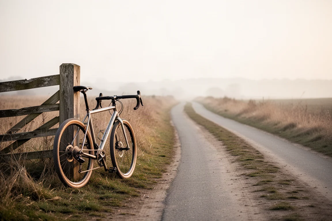 Gravel bike leaning at the edge of a lane where tarmac meets a dirt track