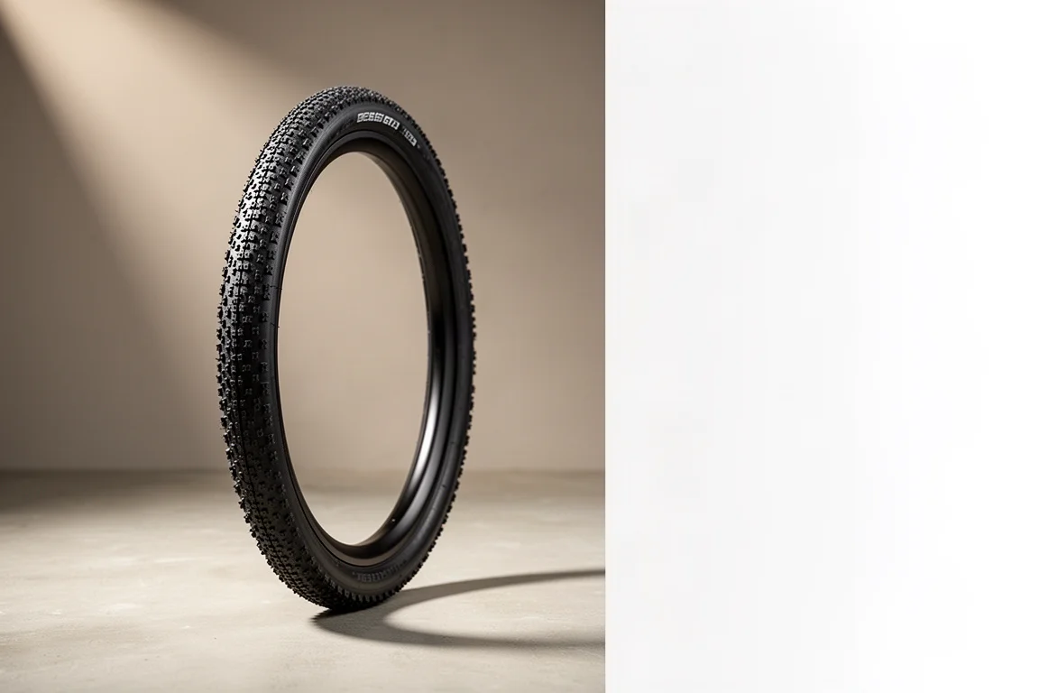 Zwarte gravelfietsband met slick middenprofiel die rechtop op beton staat