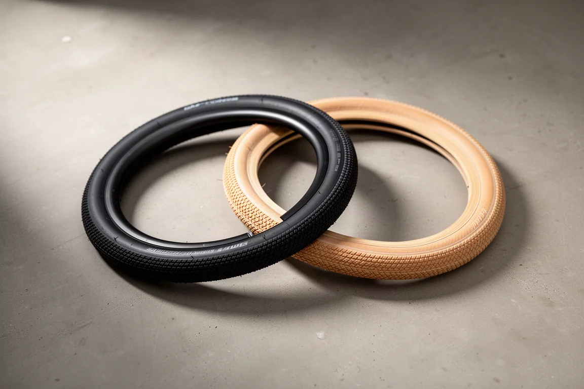 Two road bike tires coiled on concrete, one black sidewall and one tan sidewall