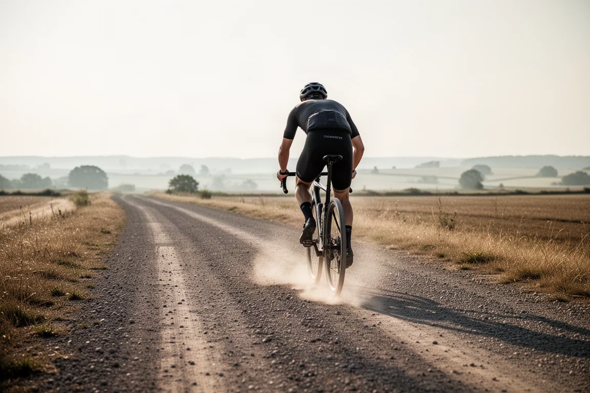 Gravelcyklist som cyklar på en torr grusväg i mjukt morgonljus