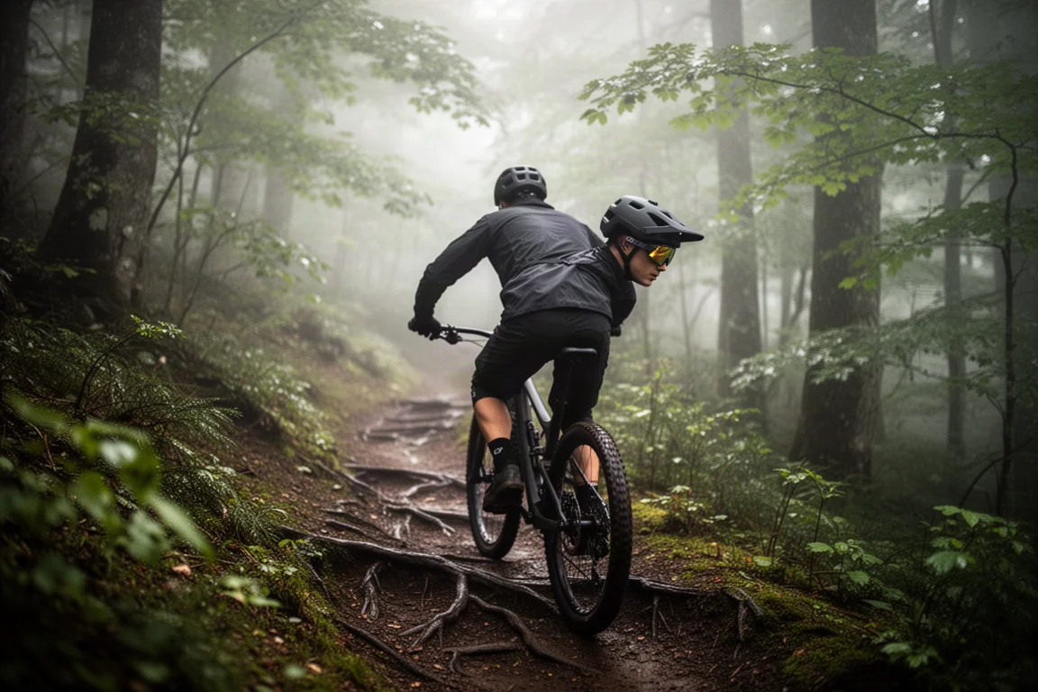 Mountainbikecyklist på en skogsstig med trailhjälm och glasögon fästa framtill