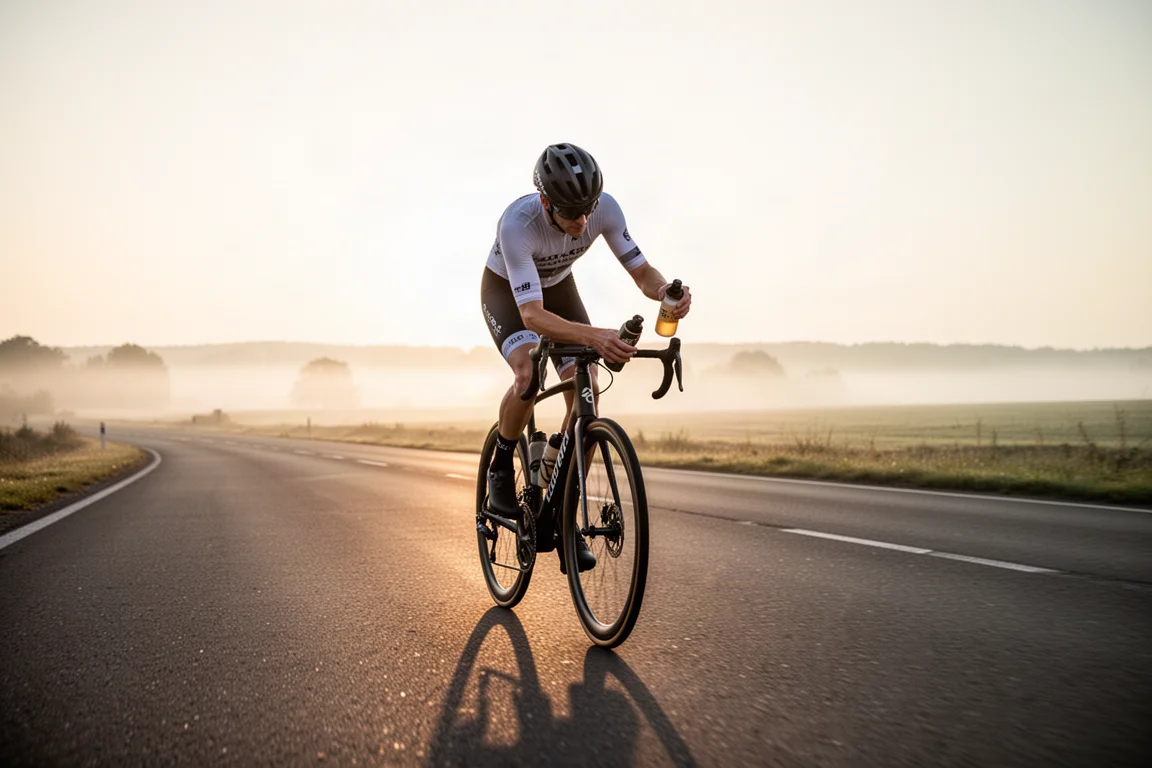 Cycliste d'endurance buvant à une gourde pendant une longue sortie d'entraînement au lever du soleil