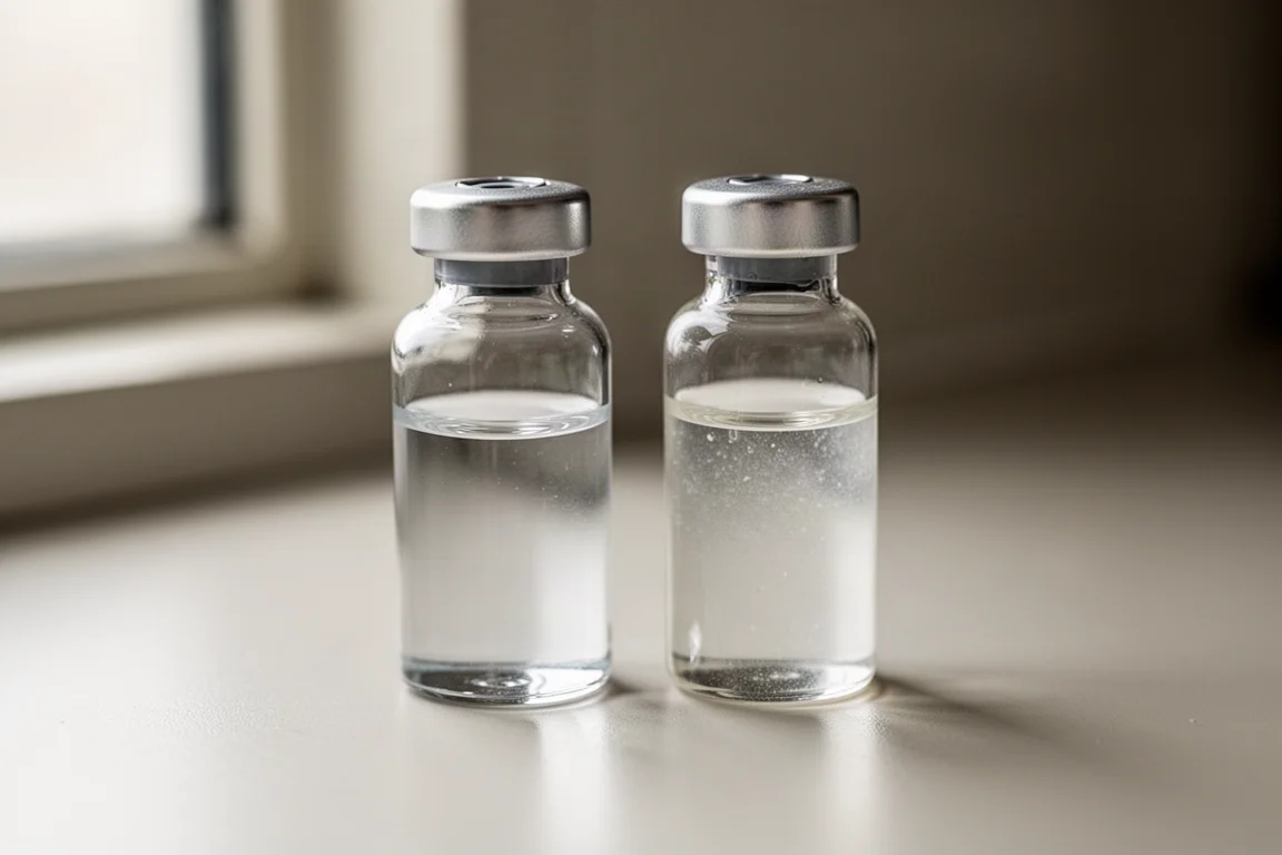 Deux fioles en verre identiques côte à côte, l'une limpide et l'autre trouble, sur une paillasse de laboratoire