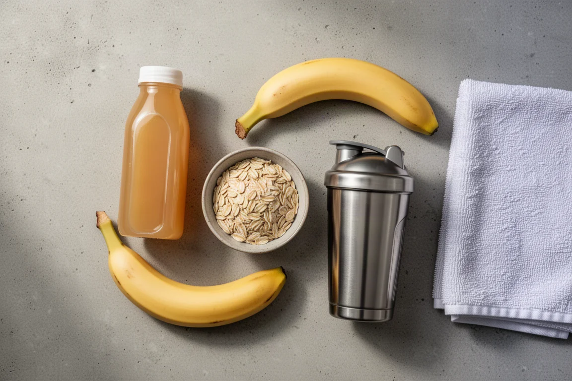 Vue de dessus à plat d'articles de nutrition de récupération sur une surface en béton