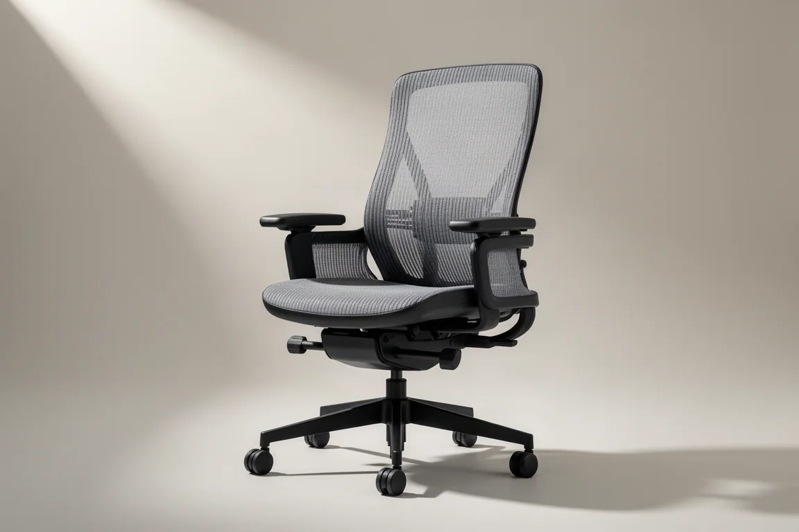 Silla de oficina ergonómica moderna con respaldo de malla en una oficina en casa luminosa