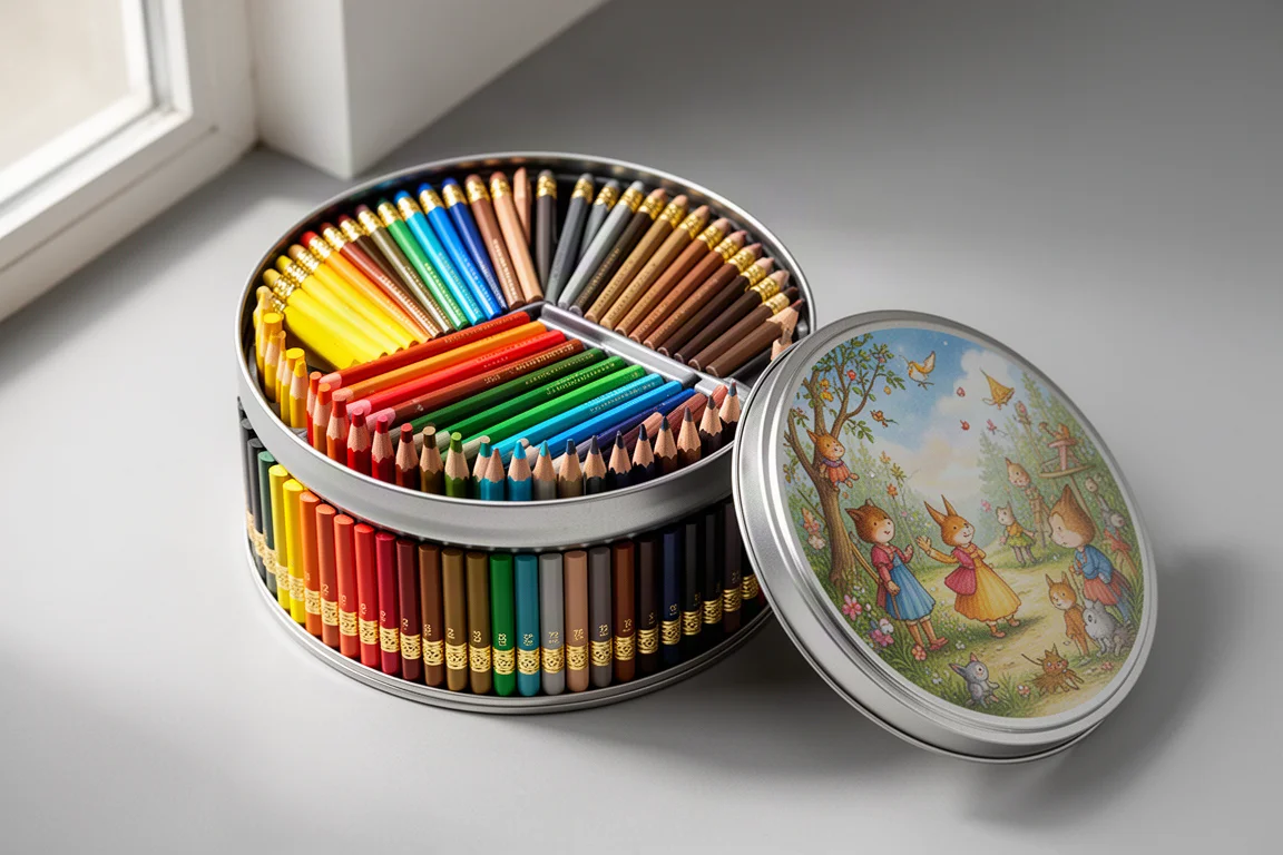 Open tin of 72 colored pencils arranged in two rainbow-colored tiers