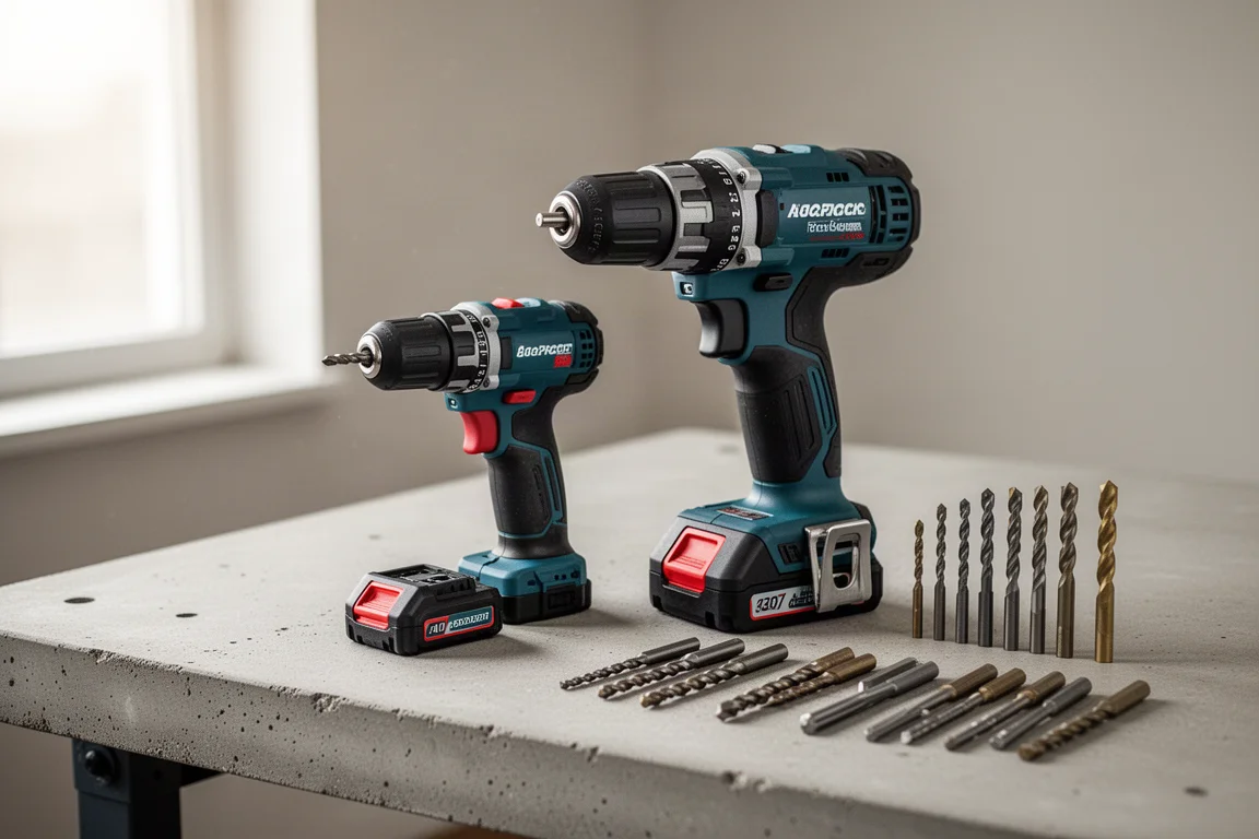 Two cordless drills side by side on a workbench under soft light