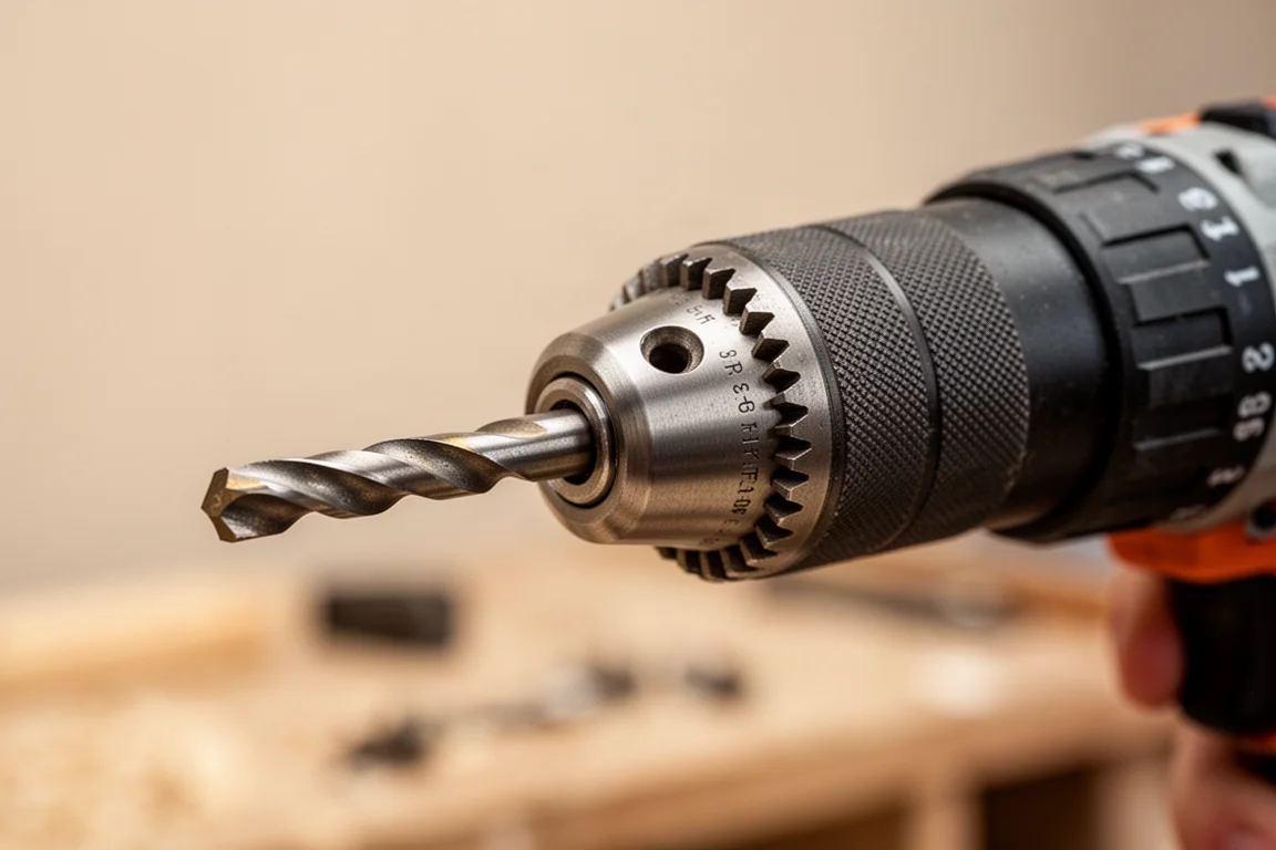 Close-up of a ratcheting drill chuck with a drill bit being tightened