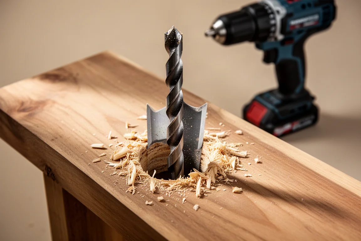 Large diameter drill bit drilling into a wooden board