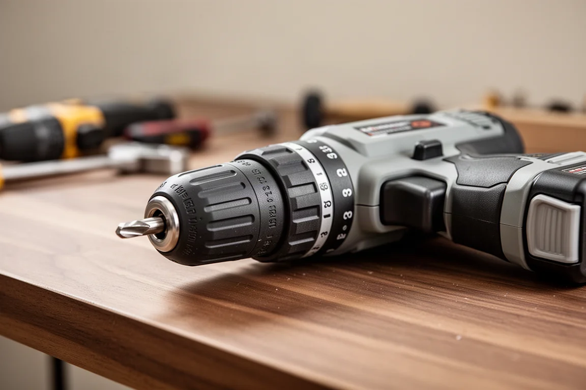 DIY workspace with a cordless drill, battery pack and clutch collar visible