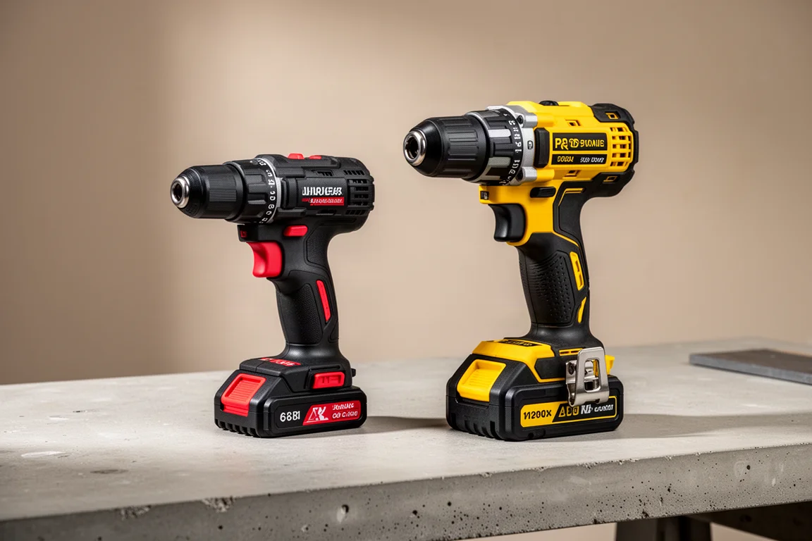 Budget and professional cordless drills side by side on a concrete workbench