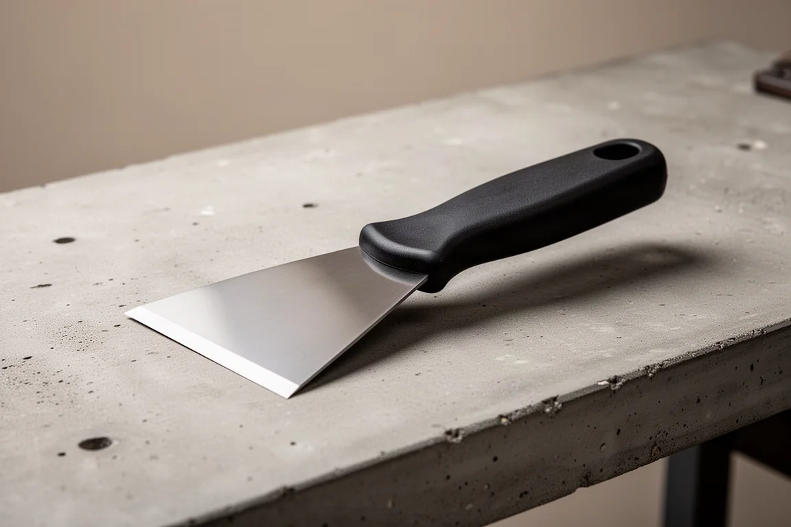 Stainless steel scraping tool with plastic handle on a concrete workbench