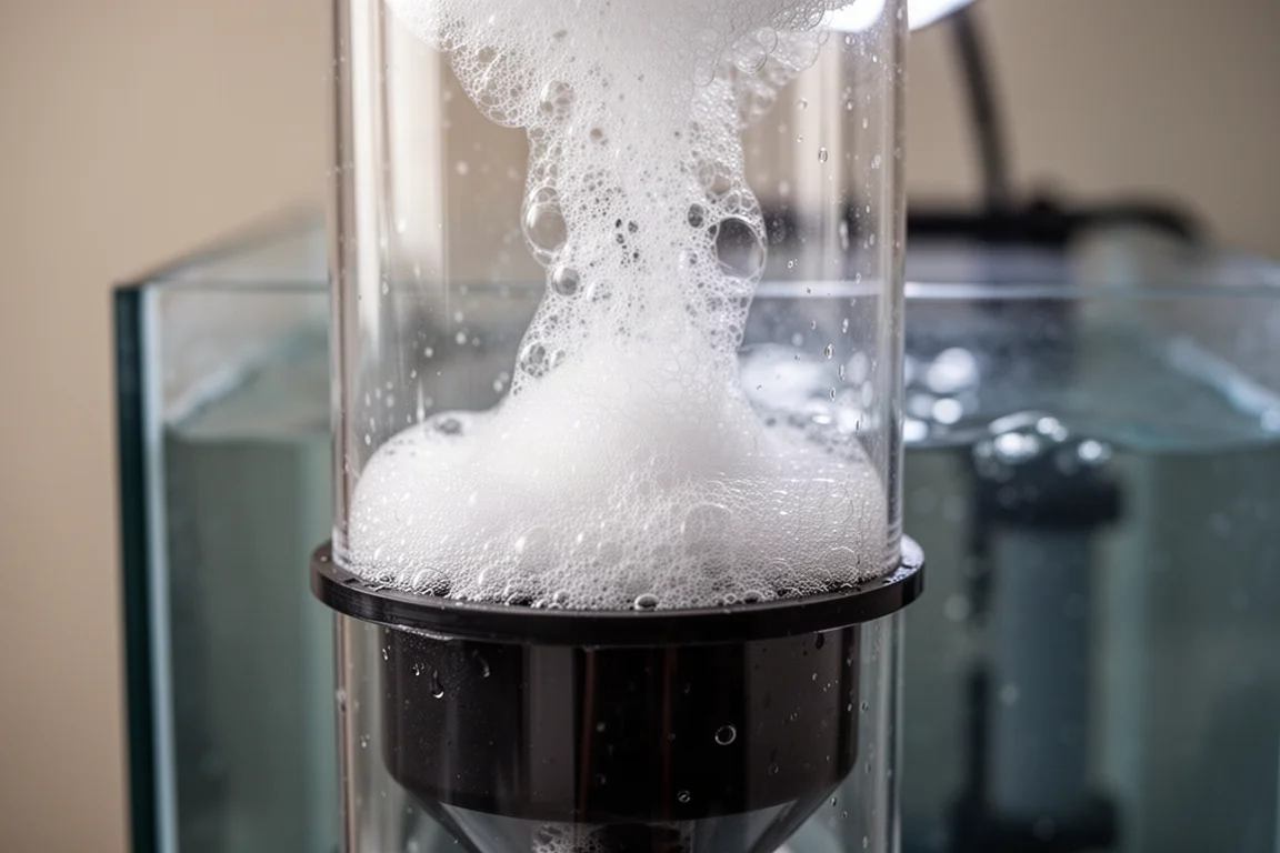 Gros plan sur une mousse blanche dense remontant par le col d'un écumeur de protéines dans un godet de récupération sombre