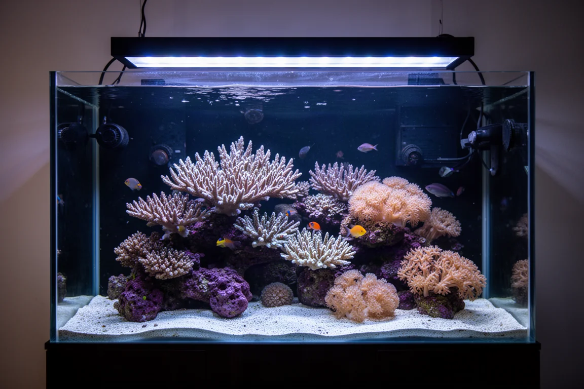 Aquarium récifal mature éclairé par des LED blanc-bleu, avec coraux et petits poissons