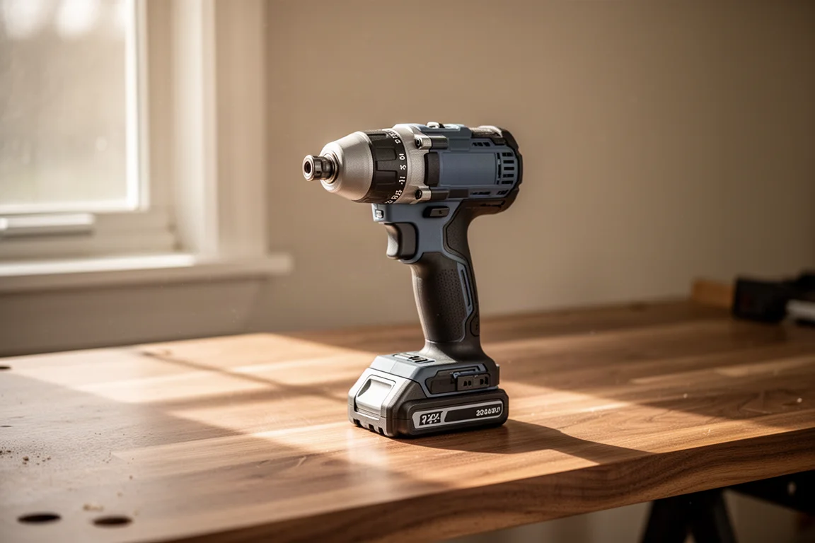 Compacte accu-impact driver liggend op een werkbank in zacht daglicht