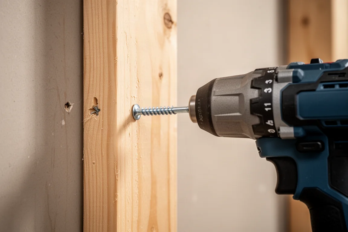 Impact driver schroeft een schroef in een houten stijl tussen wandconstructie