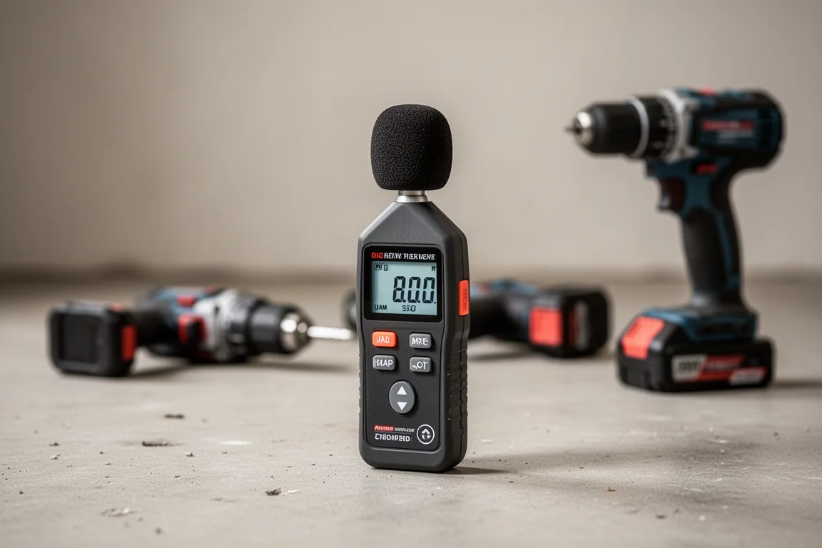 Decibelmeter toont stille waarden in een werkplaatsomgeving