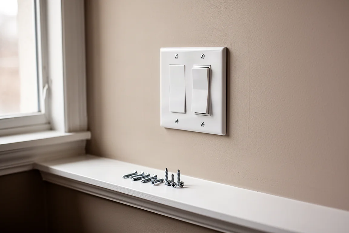 Afwerkingswerk binnenshuis met schroeven van een lichtschakelaar aan een muur