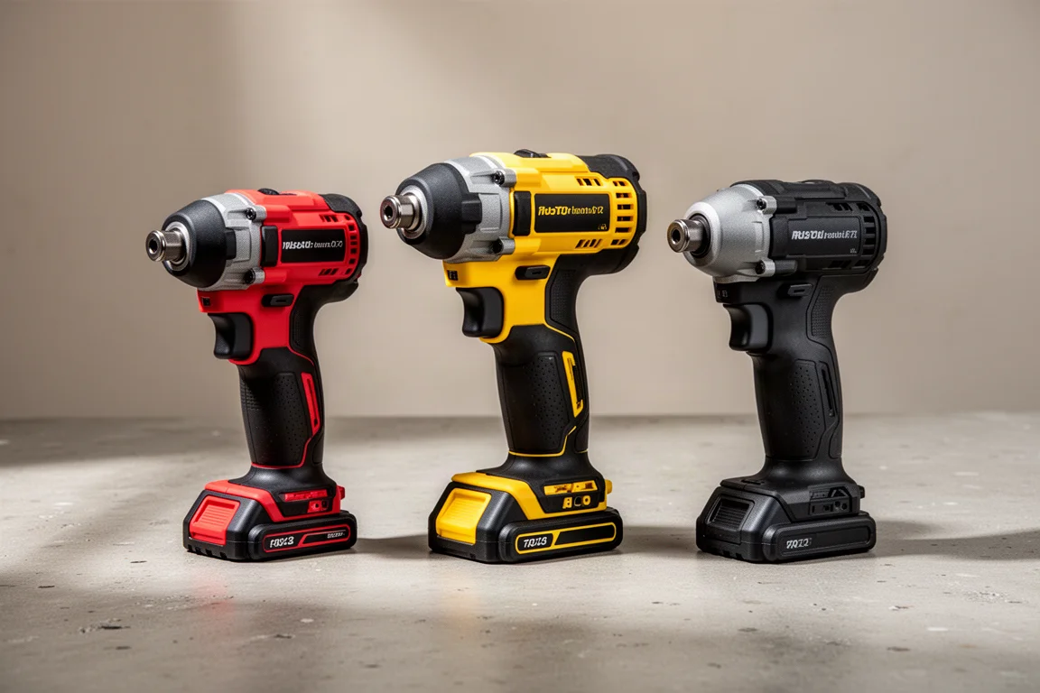 Three compact cordless impact drivers side by side on a concrete workshop surface