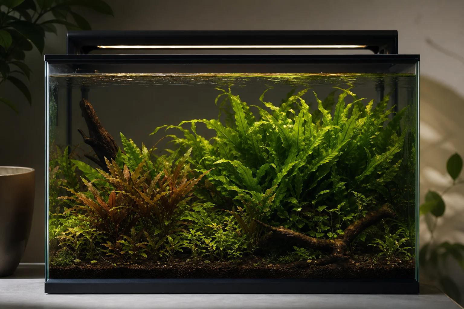 Akvarium med frodiga gröna växter under varm LED-belysning