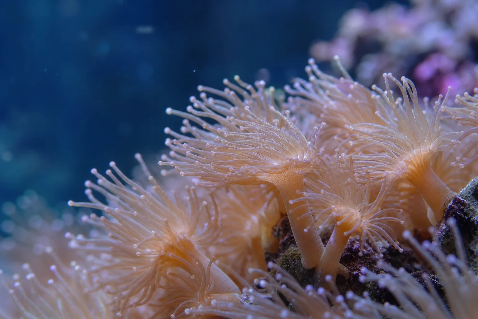 Korallpolyper som svajar mjukt i vågrörelser inuti akvariet