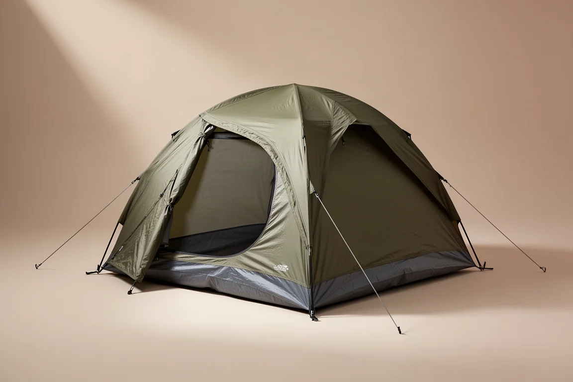 Compact two-person dome camping tent pitched on a neutral backdrop with guylines extended